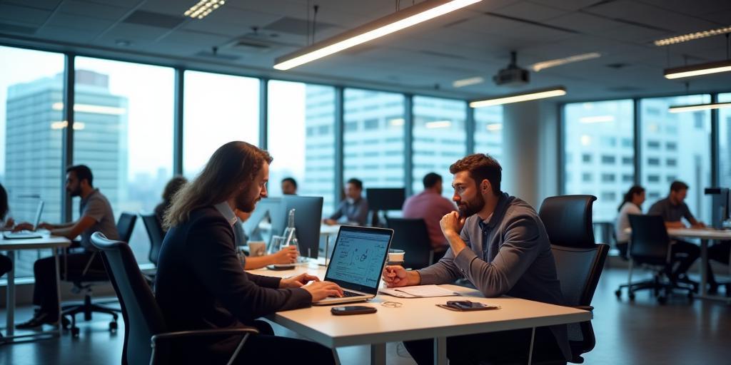 Modern office space with software development team collaborating